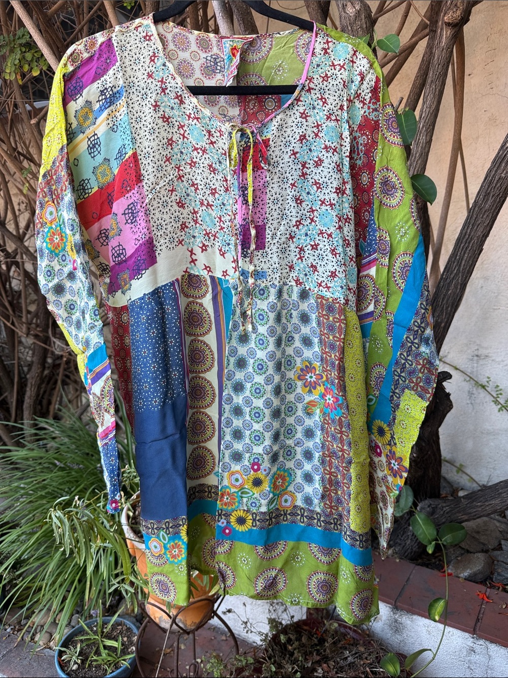 Johnny Was Multi-Color Patchwork Boho Tie-Neck Tunic
